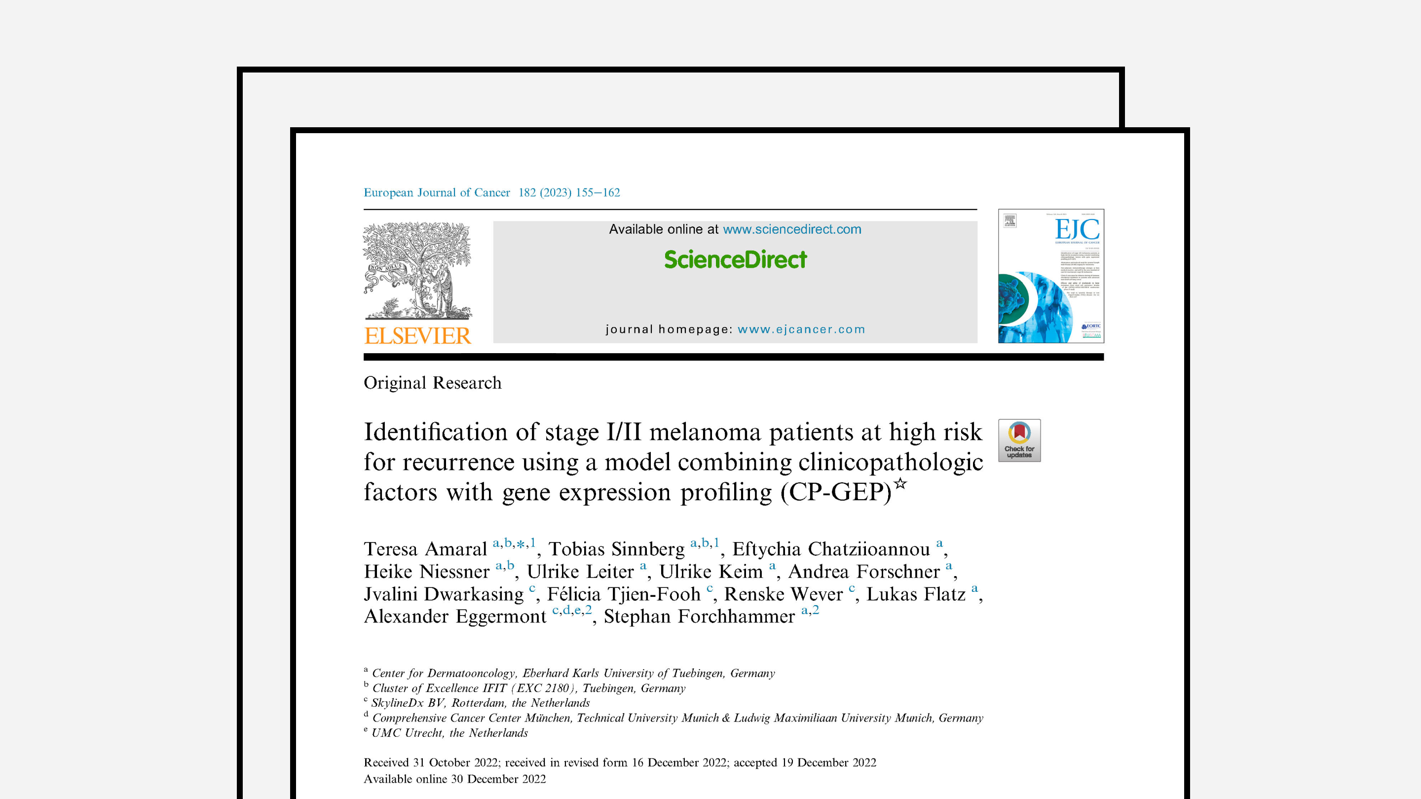 Identification of stage I/II melanoma patients at high risk for recurrence using a model combining clinicopathologic factors with gene expression profiling (CP-GEP)