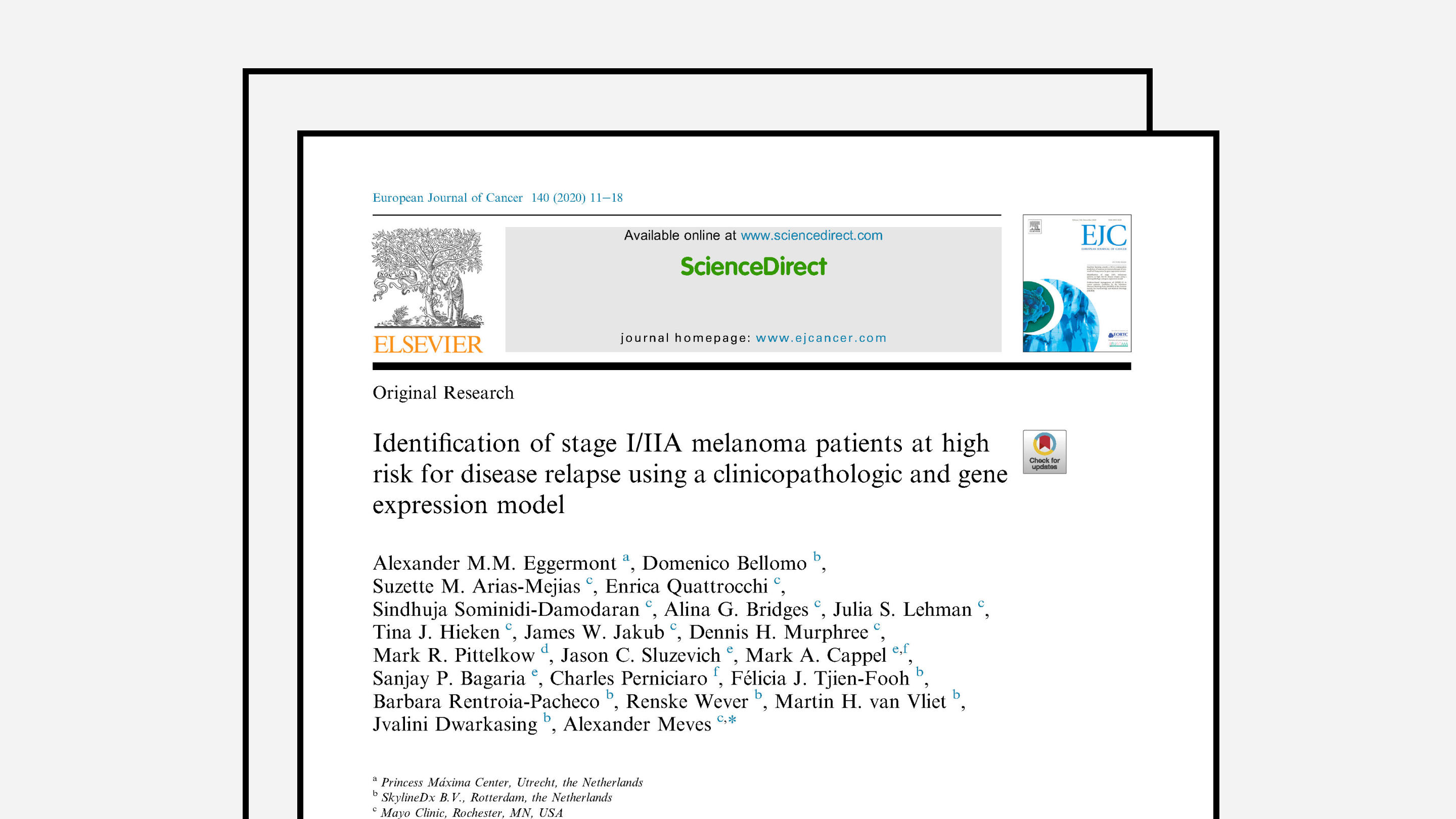  Identification of stage I/IIA melanoma patients at high risk for disease relapse using a clinicopathologic and gene expression model