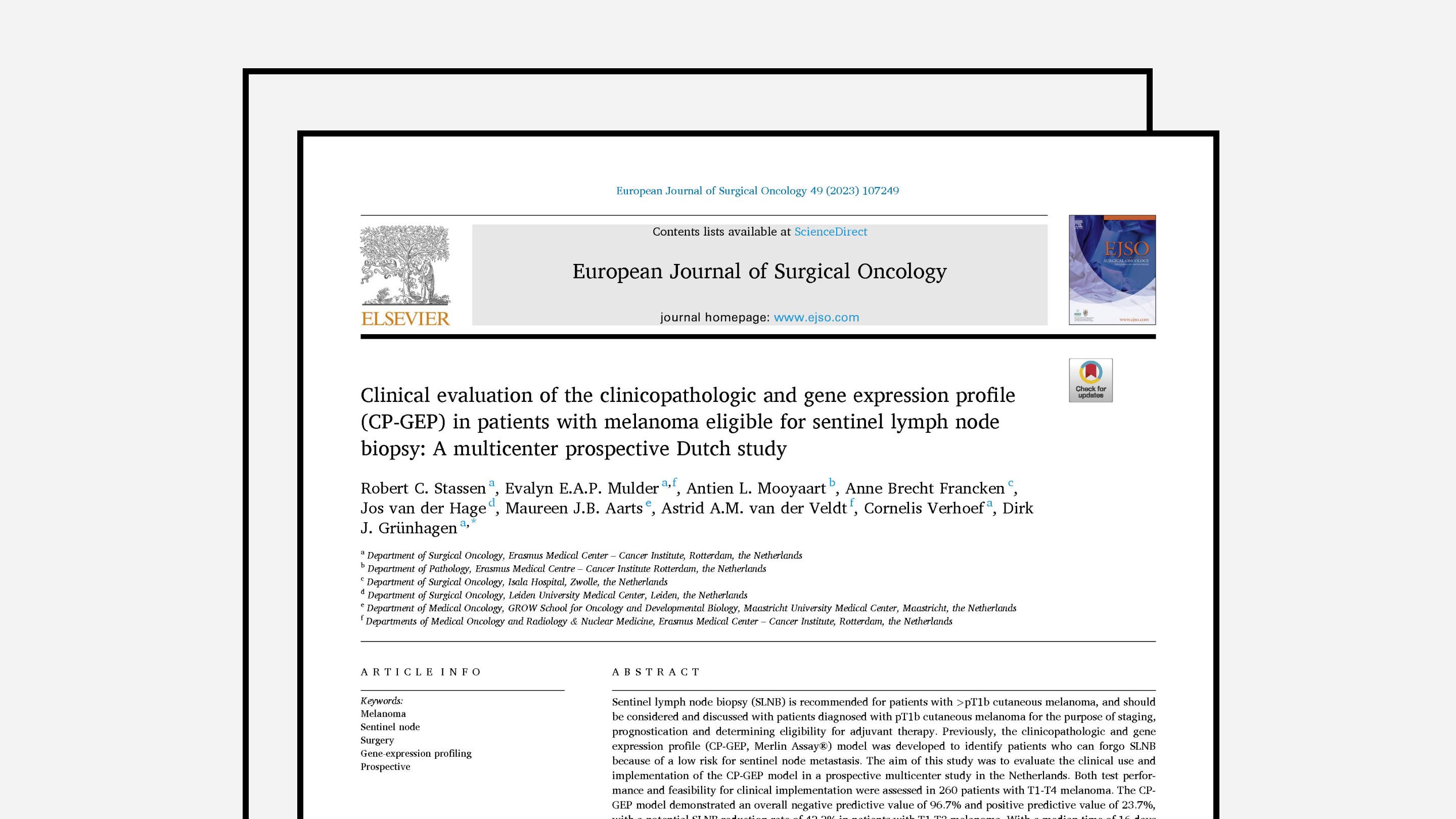 Clinical evaluation of the clinicopathologic and gene expression profile (CP-GEP) in patients with melanoma eligible for sentinel lymph node biopsy: A multicenter prospective Dutch study