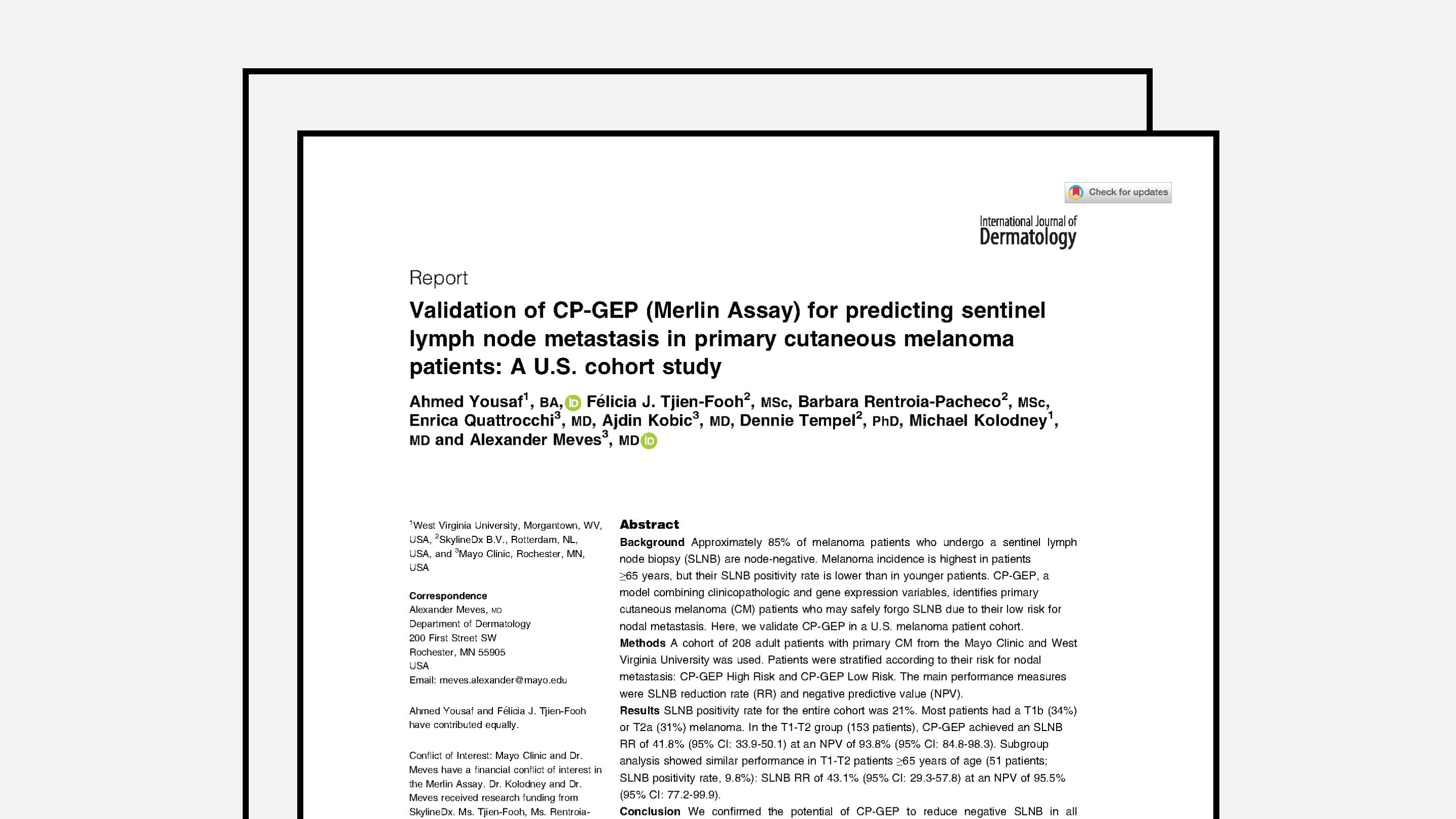 Validation of CP-GEP (Merlin Assay) for predicting sentinel lymph node metastasis in primary cutaneous melanoma patients: A U.S. cohort study